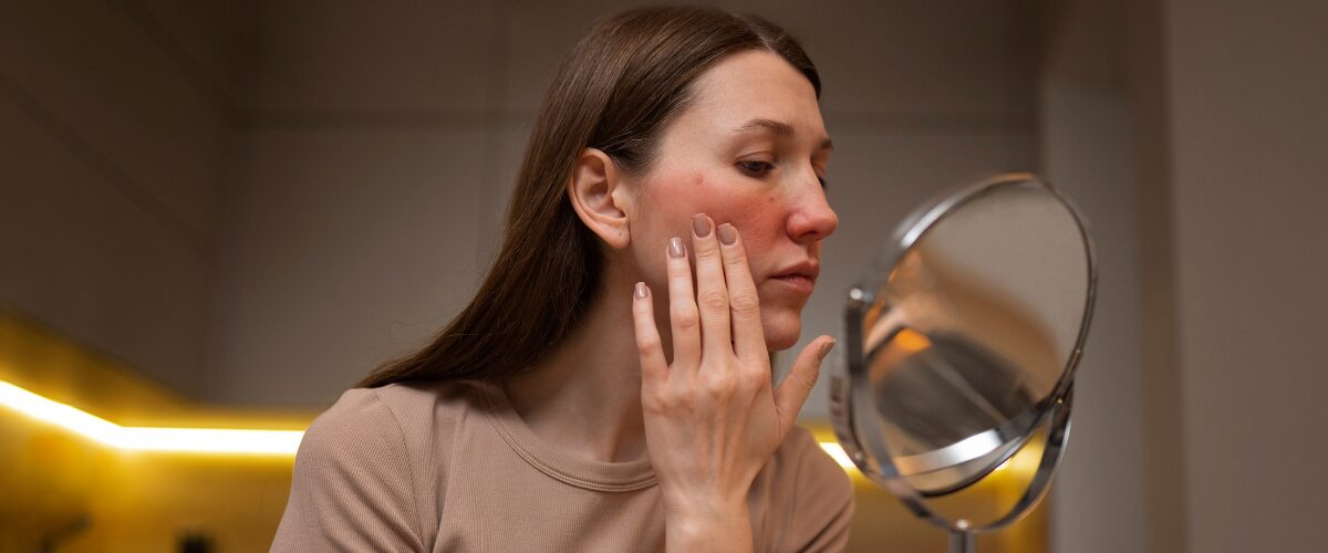 a-woman-looking-her-rosacea-mirror